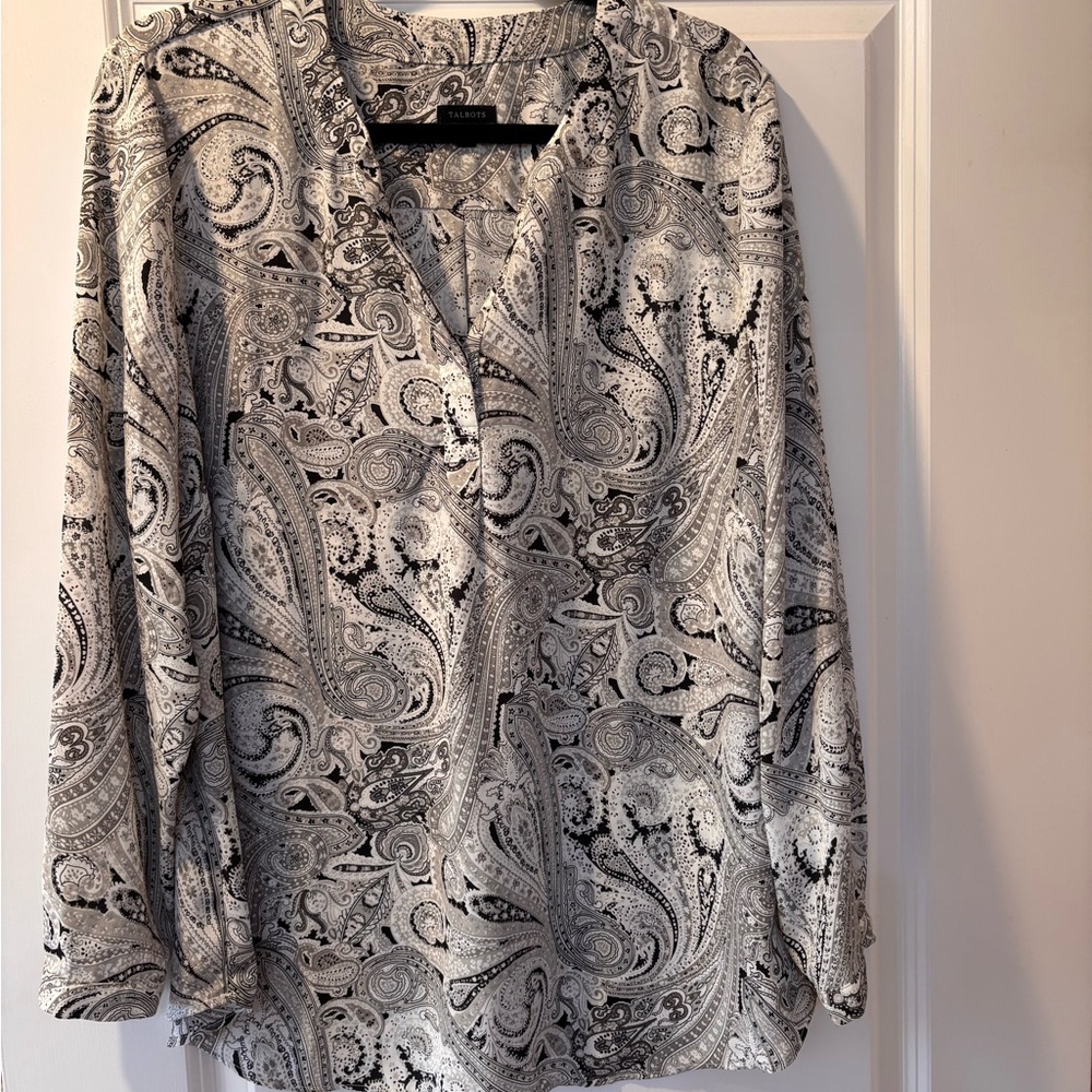 Talbots Black & White Paisley V-Neck Blouse XL